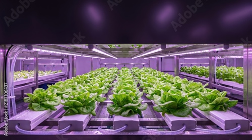 фотографія Vibrant fresh green butterhead hydroponic lettuce heads thriving in modern vertical indoor farming facility with glowing led purple grow lights and automated water channels