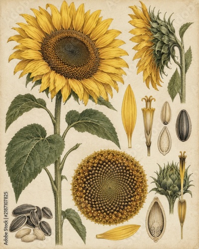 Botanical illustration of a sunflower with various parts, seeds, and petals, set against a vintage paper background