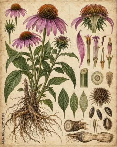 Botanical illustration of an echinacea plant with detailed parts, including roots, stem, leaves, flower, and seeds, on an aged paper background
