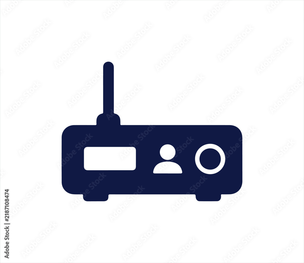 Obraz premium Dark blue router device icon featuring user profile and settings circle for managing network hardware and internet configurations.