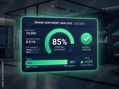 Comprehensive Digital Dashboard Interface Displaying Real-Time Brand Sentiment Metrics Data Visualization and Market Performance Analytics for Corporate Strategy Planning