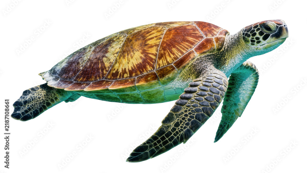 Fototapeta premium Green sea turtle with patterned shell swimming, isolated on transparent background