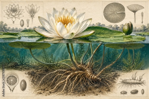 Detailed botanical illustration of a water lily plant, showing its bloom above and roots below the water surface, with accompanying diagrams