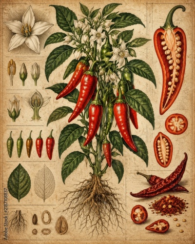 Vintage botanical illustration of a chili pepper plant with detailed close-ups of its various stages of growth and fruit