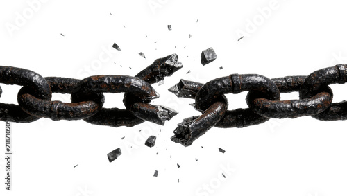Foto Rusty metal chain breaking apart with debris flying, isolated on transparent bac