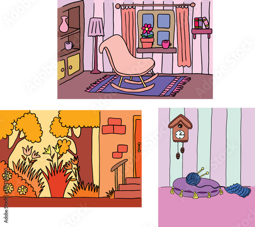 Cozy fairytale home interior and exterior backgrounds set with rocking chair, autumn porch and vintage clock for kids books and games.
