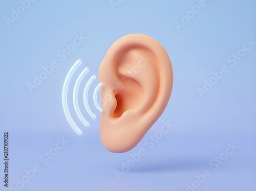 Three Dimensional Human Ear Icon Featuring Sound Wave Visualizations Representing Auditory Perception and Communication Concepts in Digital Media
