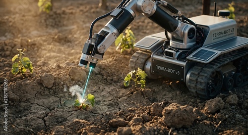 Advanced agricultural robotic rover with a laser tool weeding and treating plant seedlings in a field