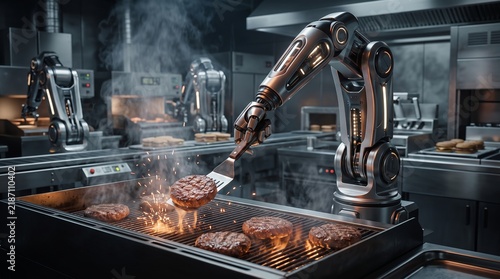 Automated industrial robotic arm flipping meat patties on a hot grill in a futuristic fast food kitchen