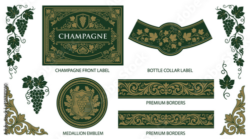Elegant Vintage Champagne Labels and Ornate Borders