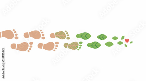 Human footprints transforming into green leaves with red heart