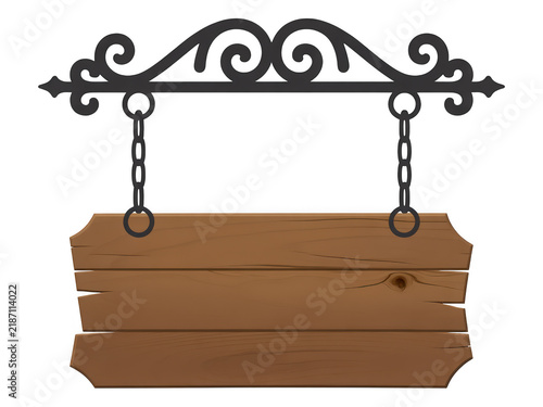 Wooden hanging sign with decorative wrought iron bracket isolated on transparent background