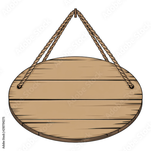 Wooden oval sign hanging on ropes isolated on transparent background