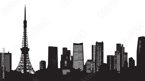 Tokyo city skyline vector illustration showing detailed architectural buildings and iconic communication tower silhouette isolated against a plain white background