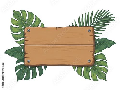 Wooden sign board with tropical palm and monstera leaves isolated on transparent background