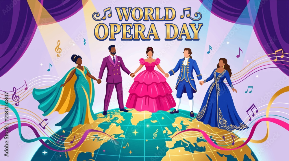 Obraz premium Colorful figures in formal attire celebrating opera on a decorative globe with musical notes with stand hand