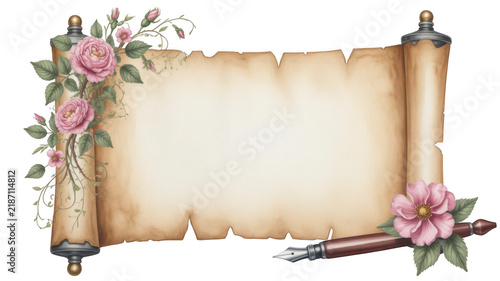 Vintage parchment scroll with pink roses and fountain pen isolated on transparent background