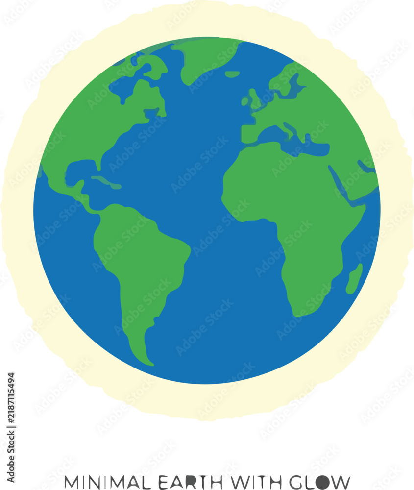 Obraz premium Minimalist illustration of planet Earth with blue oceans, green continents, and a soft yellow glow.