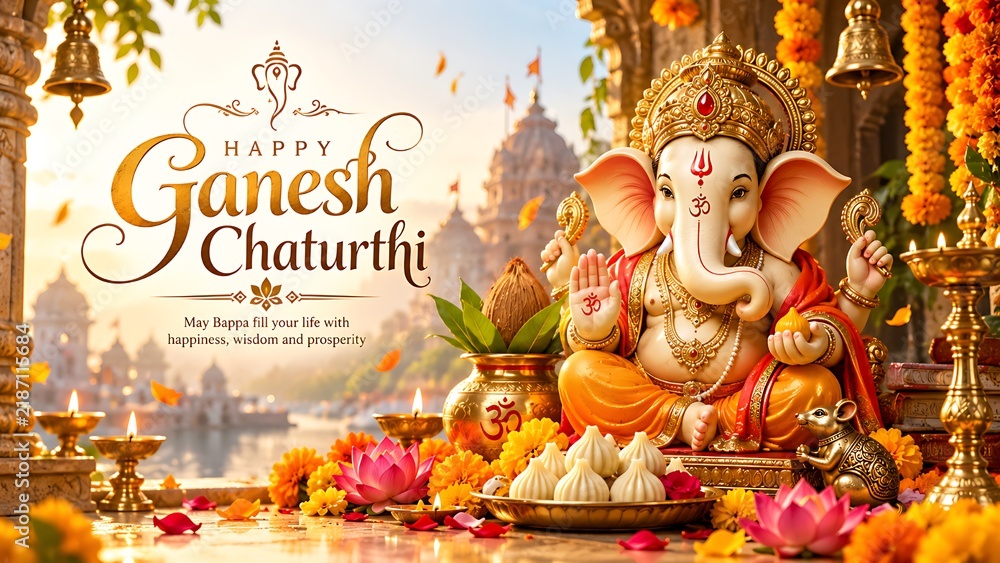 Fototapeta premium Lord Ganesha Ganpati Bappa Ekdant Vakratund Vinayak Chintamani Idol Celebrating Wisdom Prosperity Success and Divine Blessings During Ganesh Chaturthi Festival