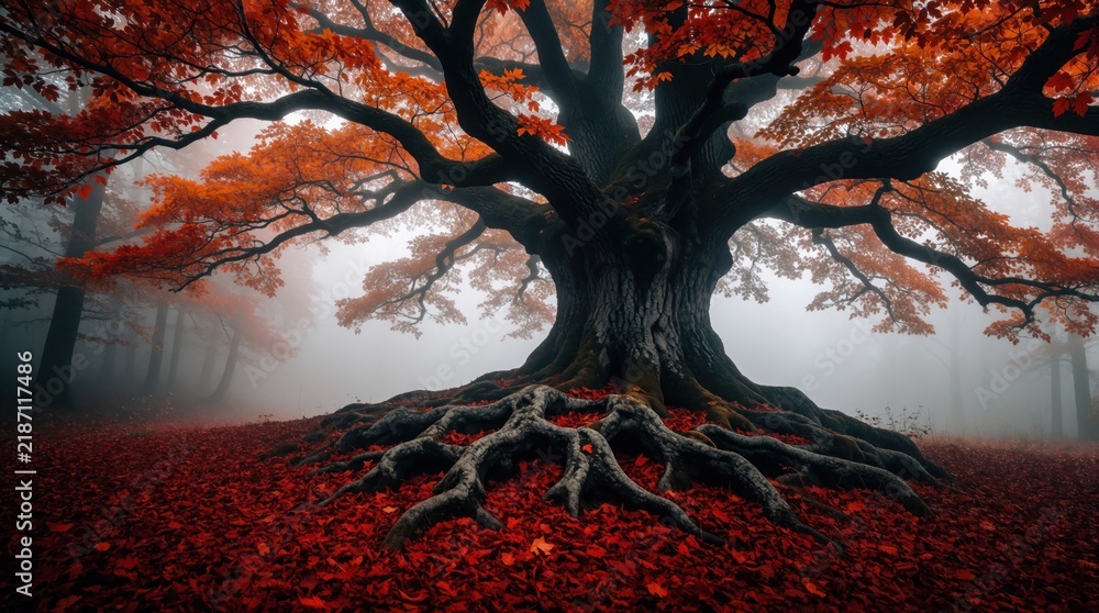 Fototapeta premium Ancient massive tree with large gnarled roots stands in foggy autumn forest. Red maple leaves cover ground, branches. Mystical misty woods create moody atmosphere. Old majestic plant grows in dark