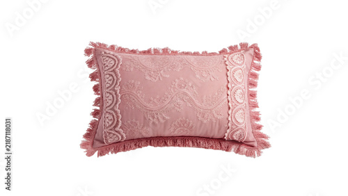 Fotografie Elegant pink velvet decorative rectangular pillow with ruffled edge isolated on