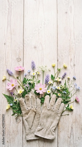 Spring wildflowers with gardening tools flat lay