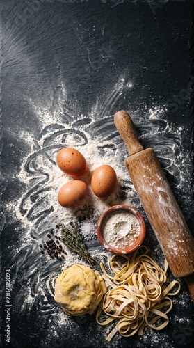 Fresh pasta ingredients laid out flat lay