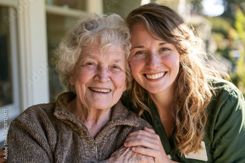 Elderly woman with gray hair smiles alongside a young woman with curly hair, both seated outdoors in a sunlit garden setting, showcasing a warm and caring relationship