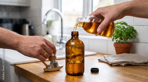 Sustainable amber glass bottle being filled with liquid, zero waste lifestyle in kitchen, eco friendly cleaning product refill