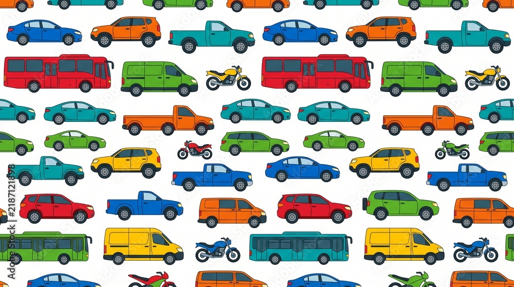Naklejka premium Colorful transportation pattern with cars, buses and trucks. Seamless vehicle background for city traffic and logistics design.