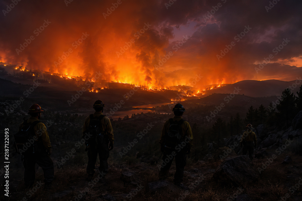 Fototapeta premium Four firefighters stand on a rocky hillside, intently observing a large wildfire consuming a forested valley.