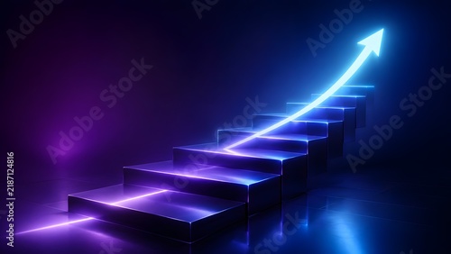Neon Glowing Arrow Upward On Staircase Business Growth Concept