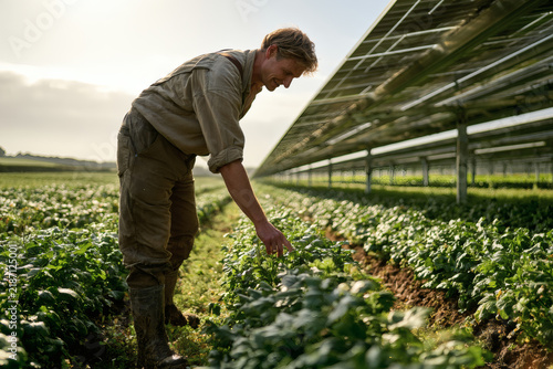 Farmer inspecting crops beside agrivoltaic solar panels