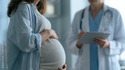 Pregnant woman in gray dress holding her belly while doctor in white coat checks clipboard in a bright medical office with soft lighting and neutral colors