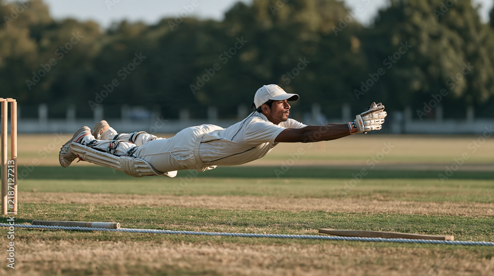 Fototapeta premium Young Indian cricketer diving full stretch to complete boundary catch at junior national championship, white flannels, green outfield, bat beside boundary rope, fielding athletic