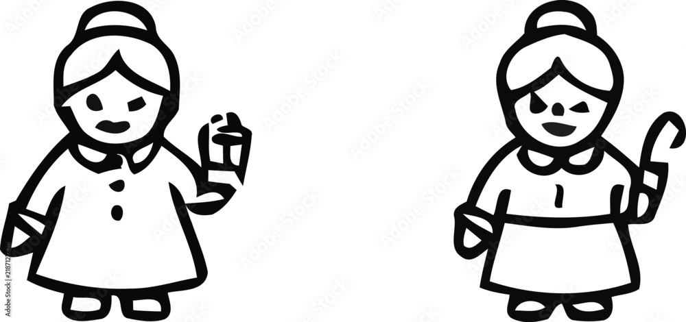 Naklejka premium Two stylized black and white line art illustrations of elderly women characters
