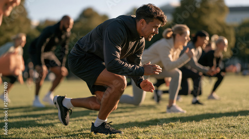 Morning boot camp group doing sprints on a wet grass field at a city park, diverse adult participants, personal trainer leading from the front, high-intensity interval training,