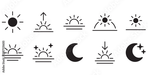 Minimalist sun and moon icon set, 10 black vector line symbols for day and night, weather and time of day interface elements