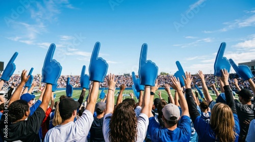 Enthusiastic sports fans cheering with blue foam fingers at stadium