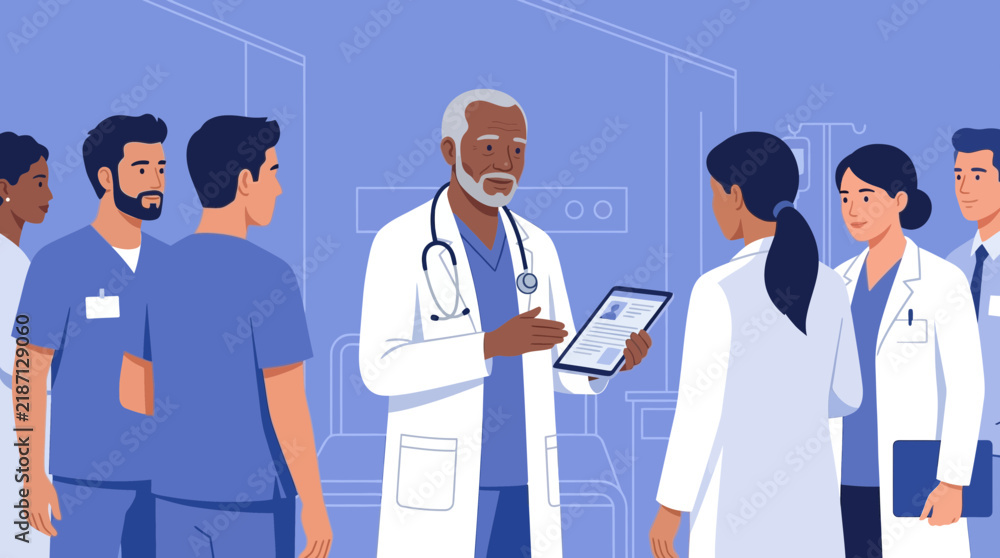 Fototapeta premium Diverse Medical Team Discussing Patient Care on Tablet