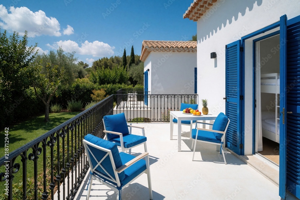 Obraz premium Modern studio apartment with blue terrace furniture on white balcony. Outdoor patio features white table, blue chairs, fruit bowl in sunny garden. View of villa backyard, green trees under blue sky