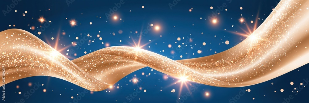 Naklejka premium Abstract golden wave with glitter and sparkles on deep blue background