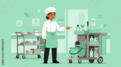 Chef with Cleaning Cart in Kitchen - Healthy Food Service Concept