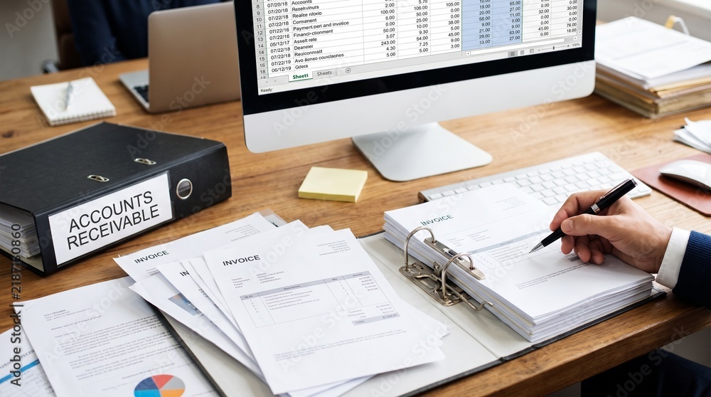 Fototapeta premium Accounts receivable documents on office desk with computer with invoices accounts receivable binder computer screen administration bookkeeping information accounting with paperwork