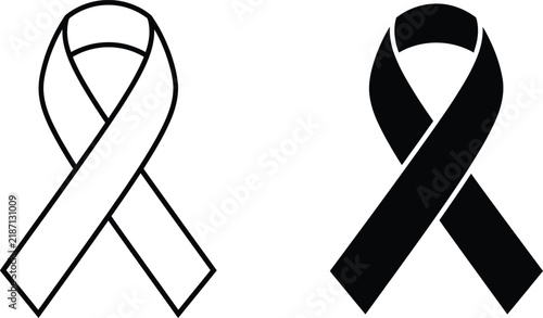 Black and white ribbon illustrations symbolizing awareness remembrance support and advocacy concepts with a focus on important health and social causes