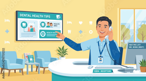 Dental receptionist at desk with screen showing health tips, talking on phone