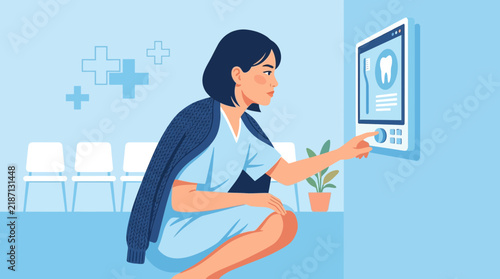 Dentist Patient Interacting with Digital Screen in Waiting Room