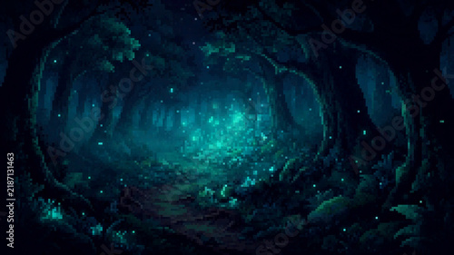 Pixel art enchanted forest at night with glowing mystical lights