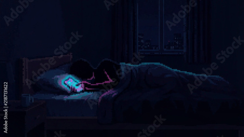 Pixel art person lying in bed at night using a smartphone with a glowing screen
