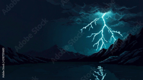 Pixel art thunderstorm landscape with dramatic lightning strike over a mountain lake